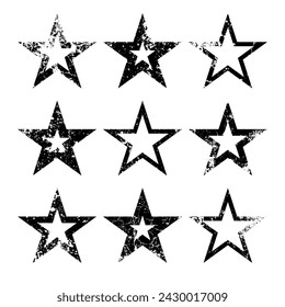 Vintage stars with cracks and stains. Old hand-drawn sign, black simple shape. Retro design element with distressed effect, grunge texture. Vector illustration