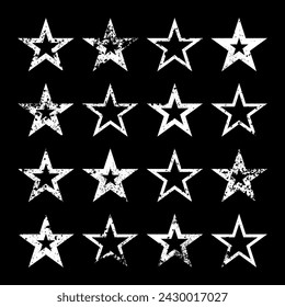 Vintage stars with cracks and stains. Old hand-drawn sign, white simple shape. Retro design element with distressed effect, grunge texture. Vector illustration