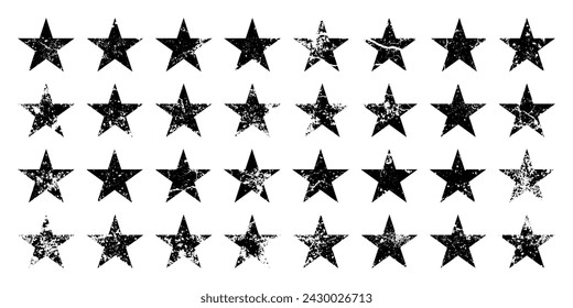 Vintage stars with cracks and stains. Old hand-drawn sign, black simple shape. Retro design element with distressed effect, grunge texture. Vector illustration