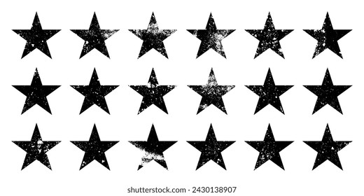 Vintage stars with cracks and stains. Old hand-drawn sign, black simple shape. Retro design element with distressed effect, grunge texture. Vector illustration