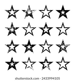 Vintage stars with cracks and stains. Old hand-drawn sign, black simple shape. Retro design element with distressed effect, grunge texture. Vector illustration