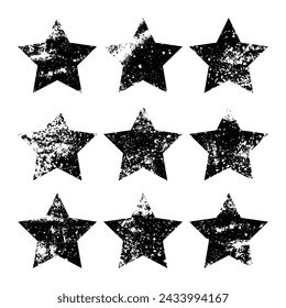 Vintage stars with cracks and stains. Old hand-drawn sign, black simple shape. Retro design element with distressed effect, grunge texture. Vector illustration