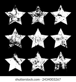 Vintage stars with cracks and stains. Old hand-drawn sign, white simple shape. Retro design element with distressed effect, grunge texture. Vector illustration