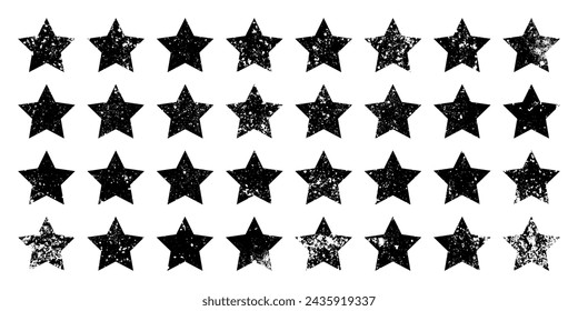 Vintage stars with cracks and stains. Old hand-drawn sign, black simple shape. Retro design element with distressed effect, grunge texture. Vector illustration