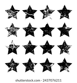 Vintage stars with cracks and stains. Old hand-drawn sign, black simple shape. Retro design element with distressed effect, grunge texture. Vector illustration