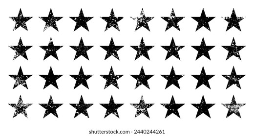 Vintage stars with cracks and stains. Old hand-drawn sign, black simple shape. Retro design element with distressed effect, grunge texture. Vector illustration