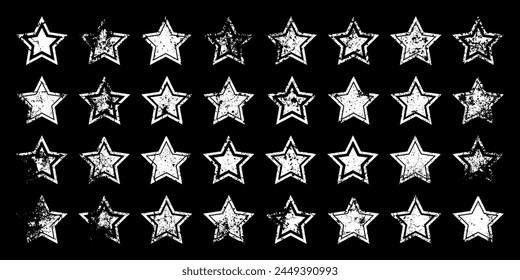 Vintage stars with cracks and stains. Old hand-drawn sign, white simple shape. Retro design element with distressed effect, grunge texture. Vector illustration