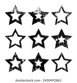 Vintage stars with cracks and stains. Old hand-drawn sign, black simple shape. Retro design element with distressed effect, grunge texture. Vector illustration