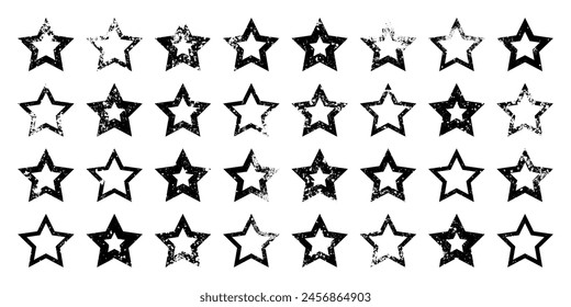 Vintage stars with cracks and stains. Old hand-drawn sign, black simple shape. Retro design element with distressed effect, grunge texture. Vector illustration