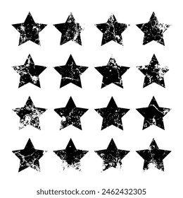 Vintage stars with cracks and stains. Old hand-drawn sign, black simple shape. Retro design element with distressed effect, grunge texture. Vector illustration