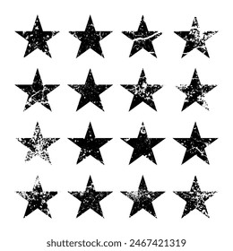 Vintage stars with cracks and stains. Old hand-drawn sign, black simple shape. Retro design element with distressed effect, grunge texture. Vector illustration