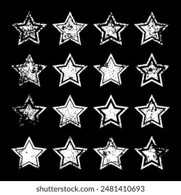 Vintage stars with cracks and stains. Old hand-drawn sign, white simple shape. Retro design element with distressed effect, grunge texture. Vector illustration