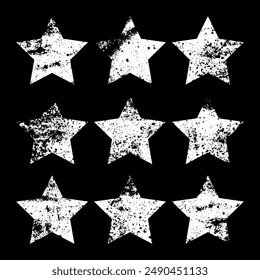 Vintage stars with cracks and stains. Old hand-drawn sign, white simple shape. Retro design element with distressed effect, grunge texture. Vector illustration