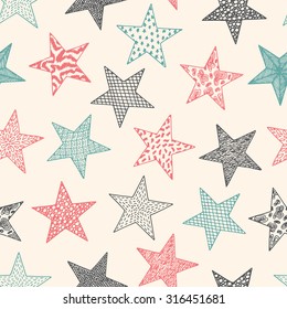 Vintage Stars - Vector  Seamless pattern. Stars with different patterns. Hand drawn doodle Stars.