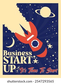 Vintage startup poster Business launch concept with rocket vector placard in retro style