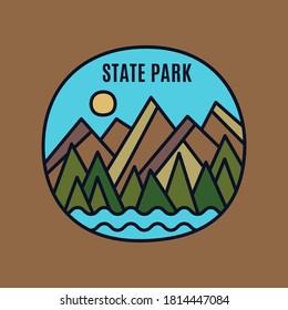 Vintage state park logo, adventure emblem design with mountains, forest and river. Unusual line art retro style sticker. Stock vector