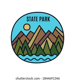 Vintage state park logo, adventure emblem design with mountains, forest and river. Unusual line art retro style sticker. Stock vector art