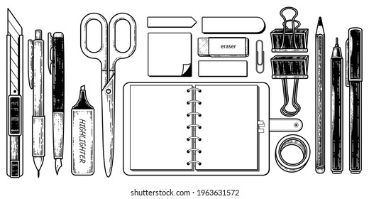 Vintage Stationery elements Collection Hand drawn Sketch Illustration. Notebook,Post it,Paper clip,Scissors,Pencil,Pen,Rubber,Tape,Highlighter pen and Cutter Vector