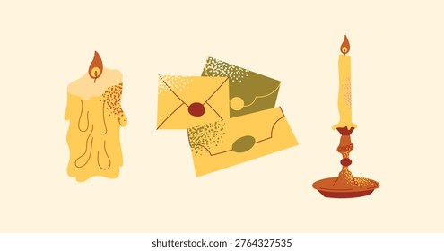 Vintage Stationery Vector Set Featuring Antique Envelopes with Wax Seals, Melting Beeswax Candle, and Elegant Brass Candlestick Holder in Retro Flat Illustration Style for Romantic Correspondence