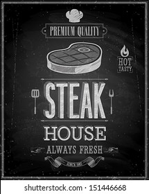 Vintage Steak House Poster - Chalkboard. Vector Illustration.
