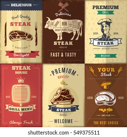 Vintage steak house posters set with meat menu grilled dishes bull and chef vector illustration