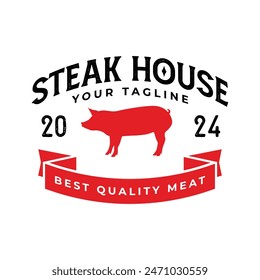 Vintage steak and meat logo design vector isolated. Steak and meat ornament logo vector design element isolated in white background. Food logo ornament with red colour
