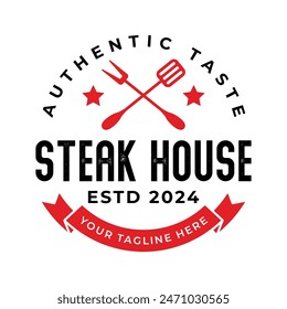Vintage steak and meat logo design vector isolated. Steak and meat ornament logo vector design element isolated in white background. Food logo ornament with red colour
