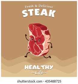 Vintage Steak Poster Design With Vector Steak Character. 