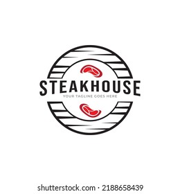 Vintage Steakhouse Logo Badge Design. Retro Grill Restaurant Emblem. Steak Graphic Vector Illustration.