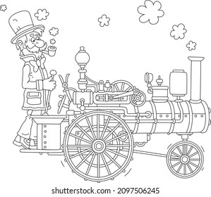 Vintage steam car with a funny smoking driver in a retro top hat, black and white outline vector cartoon illustration for a coloring book page