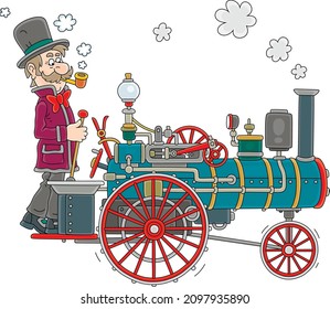 Vintage steam car with a funny smoking driver in a retro top hat, vector cartoon illustration isolated on a white background