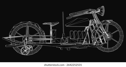 A vintage steam engine 3D wireframe model resembles a motorcycle with intricate handlebars, seat, and wheels. The detailed design includes a large wheel, compact engine, and smaller mechanical parts.