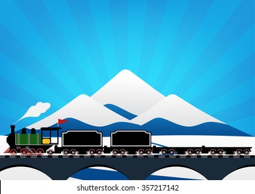 Vintage Steam engine locomotive train truck moving down railroad track on river bridge and on ice mountain with snow and sun ray in background. Vector illustration flat design transportation concept. 