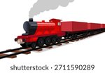Vintage Steam Engine Train Vector, Steam locomotive Train Illustration,Red Colour Train, Perspective, Smoke, Vector Design