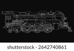 Vintage steam locomotive in detailed black and white illustration, showcasing the engine, wheels, and intricate mechanical components. The bold contrast against a dark background highlights