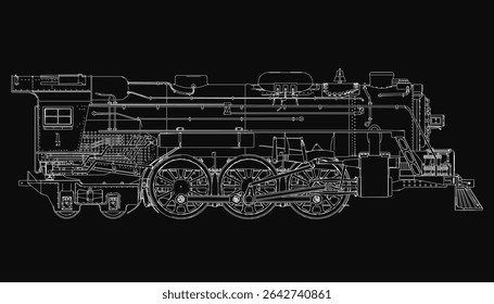 Vintage steam locomotive in detailed black and white illustration, showcasing the engine, wheels, and intricate mechanical components. The bold contrast against a dark background highlights