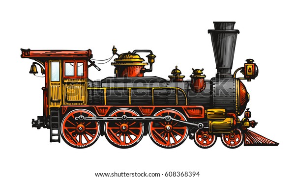 ビンテージ蒸気機関車 古代の列車 輸送車 ベクターイラスト のベクター画像素材 ロイヤリティフリー