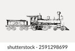 Vintage steam locomotive illustration in black and white. Detailed drawing of a classic train engine. Antique train design with intricate steam locomotive features. Vintage art painting vector.
