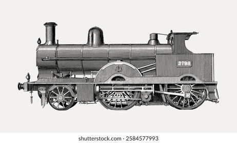 Vintage steam locomotive illustration with detailed wheels and chimney. Classic train design showcases historic engineering and locomotive craftsmanship. Vintage art illustration, vector.