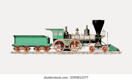 Vintage steam locomotive illustration with green and black colors. Classic train design with detailed wheels and smokestack. Historic steam locomotive art. Vintage illustration isolated, vector.