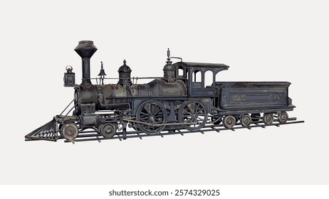 Vintage steam locomotive illustration, showcasing intricate details of the steam engine. Classic train design, highlighting the charm of steam locomotives. Vintage illustration isolated, vector.