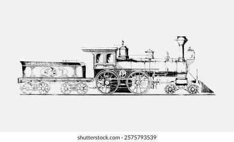 Vintage steam locomotive illustration, showcasing intricate details of a classic train. The steam locomotive is a symbol of historical transportation. Vintage illustration isolated on white, vector.