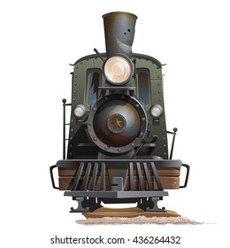 Vintage steam locomotive isolated on a white background. Cartoon vector close-up illustration.