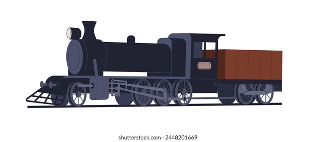 Vintage steam locomotive. Old 19th century train, classic retro railroad transport. Historical ancient victorian railway vehicle of 1900. Flat vector illustration isolated on white background