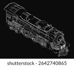 A vintage steam locomotive rendered as a detailed black and white 3D model, featuring intricate engine components, smokestacks, and large wheels against a dark background.