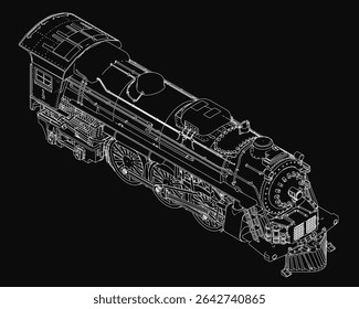 A vintage steam locomotive rendered as a detailed black and white 3D model, featuring intricate engine components, smokestacks, and large wheels against a dark background.
