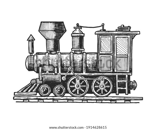 Vintage steam locomotive transport isolated\
on white background. Train old loco. Hand drawn sketch style. Retro\
vector illustration.