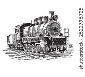 Vintage steam locomotive, vector illustration in engraving style, black and white drawing on white background