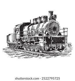 Locomotiva a vapor vintage, ilustração vetorial em estilo de gravação, desenho preto e branco sobre fundo branco