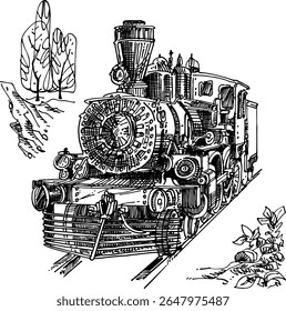 Vintage steam locomotive, vector illustration in engraving style, black and white drawing on white background